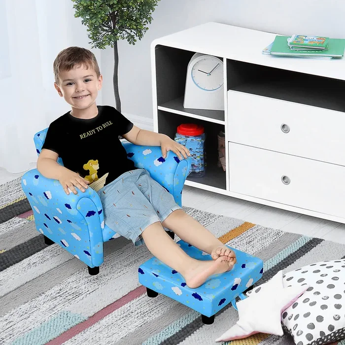 HOMCOM Childrens Sofa Mini Sofa Wood Frame with Footrest Anti-Slip Legs High Back Arms Bedroom Playroom Furniture Cute Cloud Star Blue