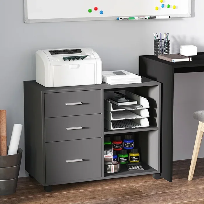 HOMCOM Freestanding Printer Stand Unit Office Desk Side Mobile Storage with Wheels 3 Drawers, 2 Open Shelves Modern Style 80L x 40W x 65H cm – Grey