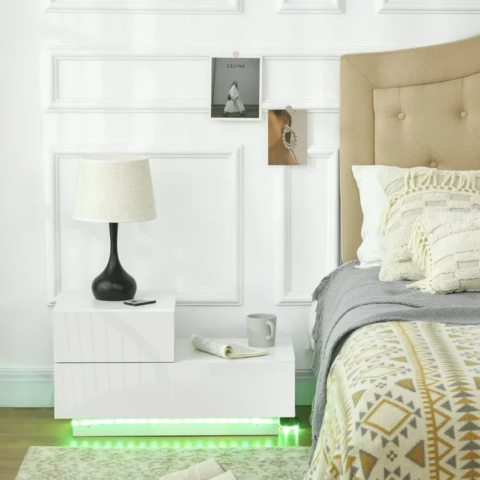 HOMCOM High Gloss Front Bedside Cabinets with Drawers, Nightstand with RGB LED Light and Remote for Bedroom Living Room White