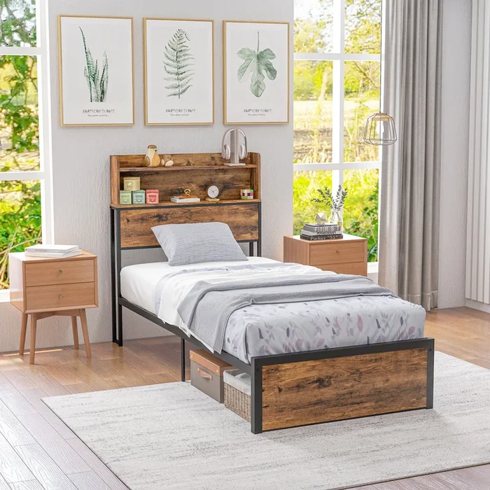 HOMCOM Industrial Single Bed Frame, 3.1FT Steel Bed Base with Storage Headboard, Footboard, Under Bed Storage, 95 x 209cm, Rustic Brown