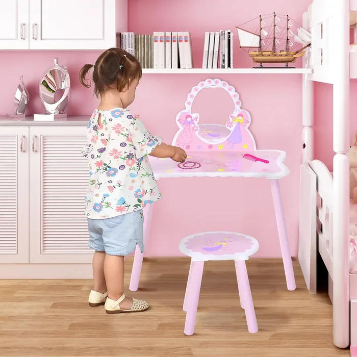 HOMCOM Kids Dressing Table Girls Pink Wooden Kids Dressing Table & Stool Make Up Desk Chair Toys Fairy Dresser Play Set withMirror