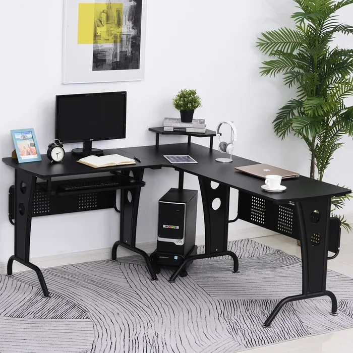 HOMCOM L-Shaped Corner Work Desk Gaming Office with Steel Frame CPU Rack Keyboard Tray Space-Saving Melamine Coating Computer Home Workstation Black