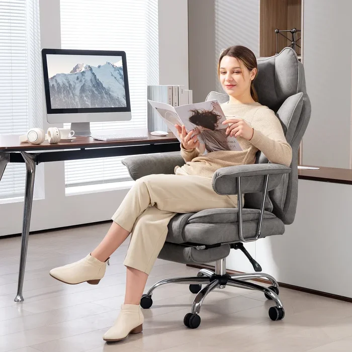HOMCOM Leathaire Reclining Office Chair with Lumbar Support Pillow – Grey