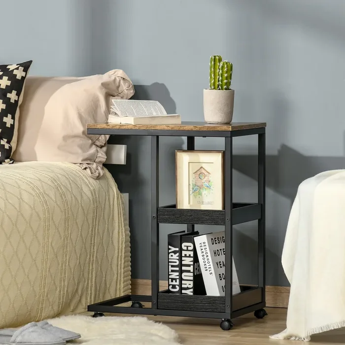 HOMCOM Mobile Sofa Side Table C-Shaped Rolling Couch Table with 3-Tier Storage Shelving Four Lockable Wheels Steel Frame – Brown