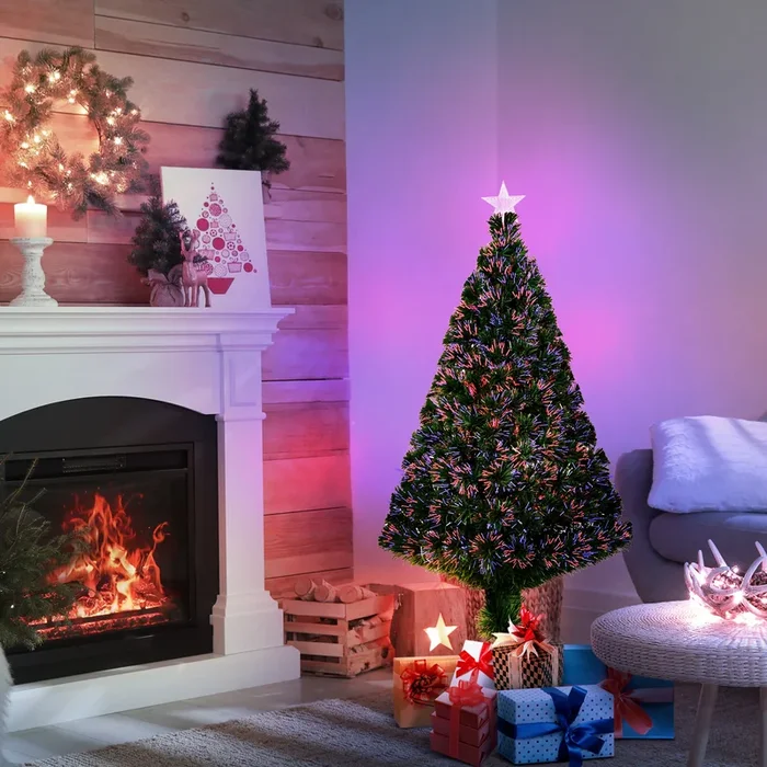 HOMCOM Prelit Christmas Tree Artificial Tree, Metal Base, Pre-Lit, 1.2m