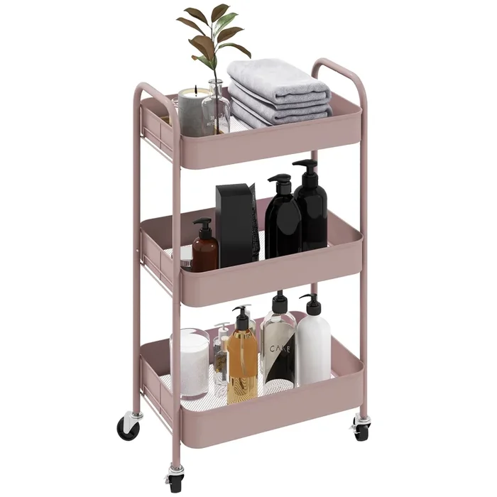 HOMCOM Three-Tier Steel Storage Trolley – Pink | Aosom UK