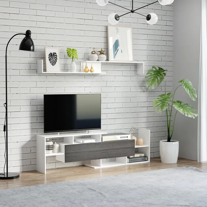 HOMCOM TV Unit with Storage for Wall-Mounted 65″ TVs or Standing 50″ TVs, TV stand set with a Wall Shelf & a Cabinet, Living Room Bedroom-White & Grey