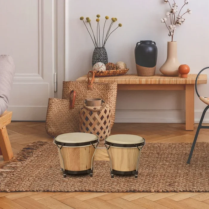 HOMCOM Wooden Bongo Drum Set with Sheepskin Drum Head, Percussion Instrument, 7.75″ & 7″ Drums, for Kids Adults, with Tuning Wrench