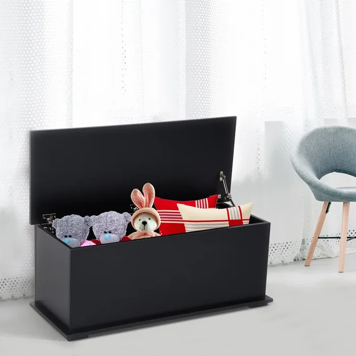 HOMCOM Wooden Storage Box Clothes Toy Chest Bench Seat Ottoman Bedding Blanket Trunk Container with Lid – Black