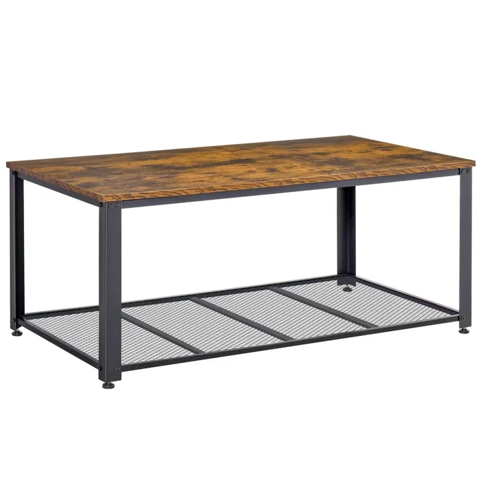 Industrial Style Coffee Cocktail Table – Wood Grain Finish with Storage Shelf – Modern Furniture for Living Room, Entryway, or Office Use