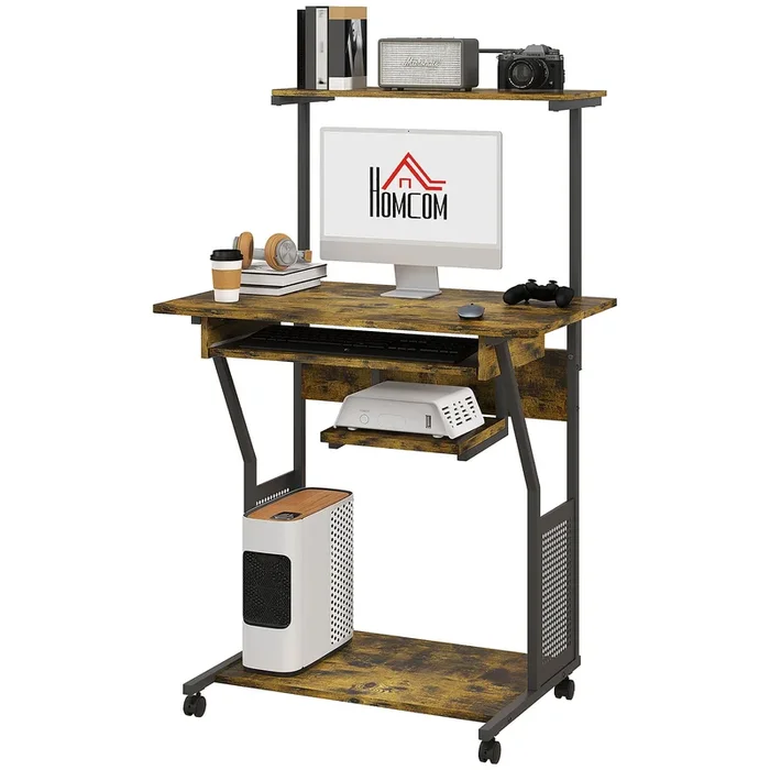 Industrial-Style Mobile Workstation – Computer Desk with Keyboard Tray and Storage Shelves on Wheels – Space-Saving Rolling Study Table for Home Office Users