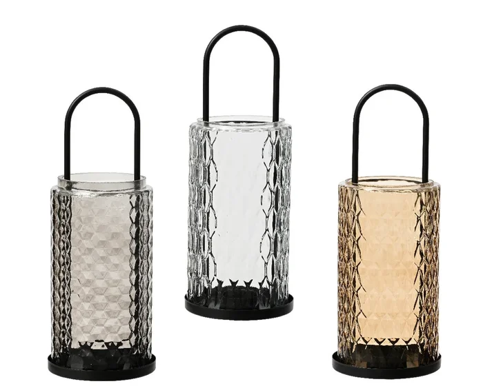 Intricate Patterned Neutral Toned Glass Lantern with Black Detailing – 27.5cm