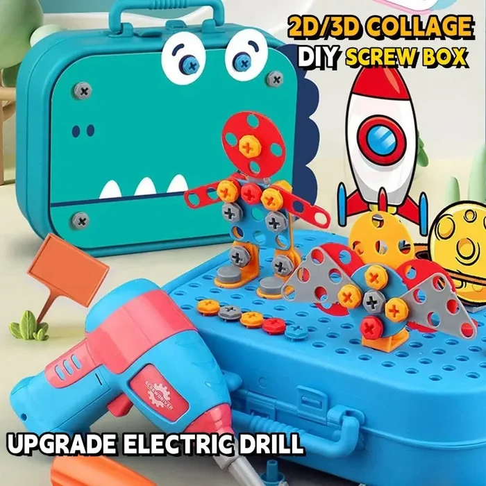 Kids DIY Play Set – Simulation Screw Toolbox with Electric Drill and 2D/3D Assembly Building Blocks Puzzle Toy – Ideal Gift for Enhancing Children’s Creative Skills