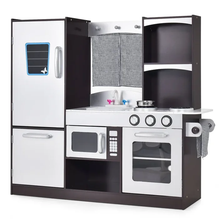 Kids Wooden Play Kitchen Set with Refrigerator Blackboard Sink Oven