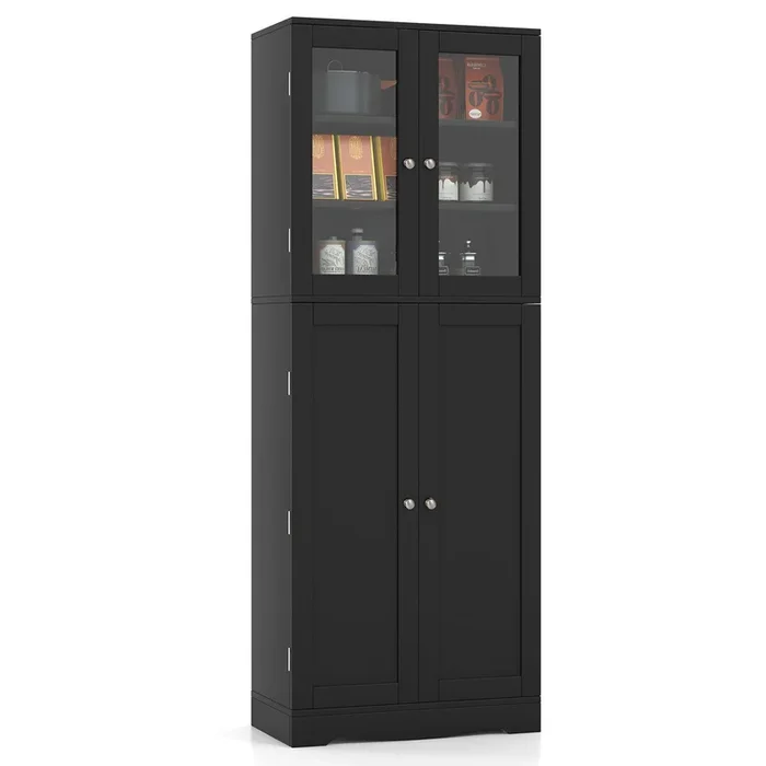 Kitchen Pantry Cabinet with Dual Tempered Glass Doors and Shelves-Black