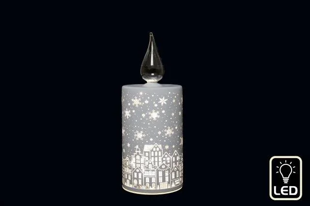 LED Light Up Glass Candle White with City Skyline Etch – 19cm