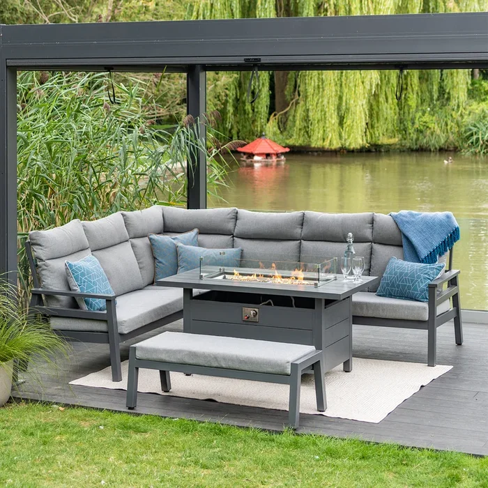Leisure Grow – Barcelona Aluminium Corner Modular Dining Set with Gas Fire-pit Table