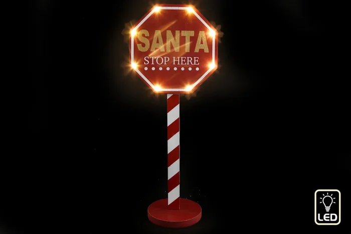 Light Up LED Red & White Santa Stop Here Sign – 45cm