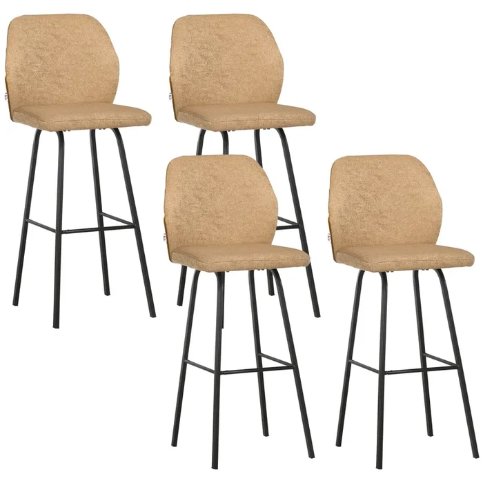 Linen-Touch Upholstered Bar Chairs Set of 4 – Comfortable Kitchen Stools with Backs and Steel Legs, Light Brown – Ideal for Dining Room and Kitchen Island Seating