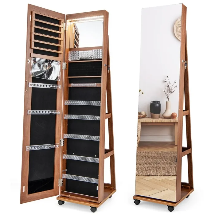 Lockable Cabinet Armoire – Built-In Makeup Mirror, 3-Color LED Lights, Jewelry Storage – Ideal for Cosmetics and Accessory Organization