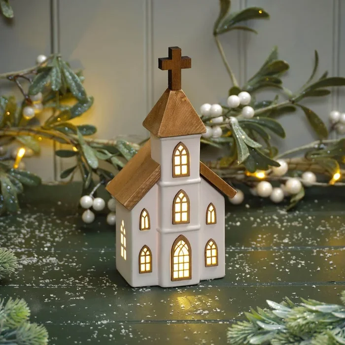 Love At Christmas Ceramic LED Light Up Church with Elements Of Wood