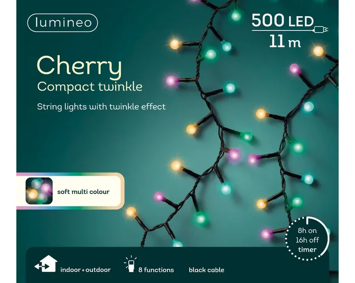 Lumineo Multicoloured LED Cherry Compact Twinkle Outdoor Lights with 11m Black Cable – 500 LEDs