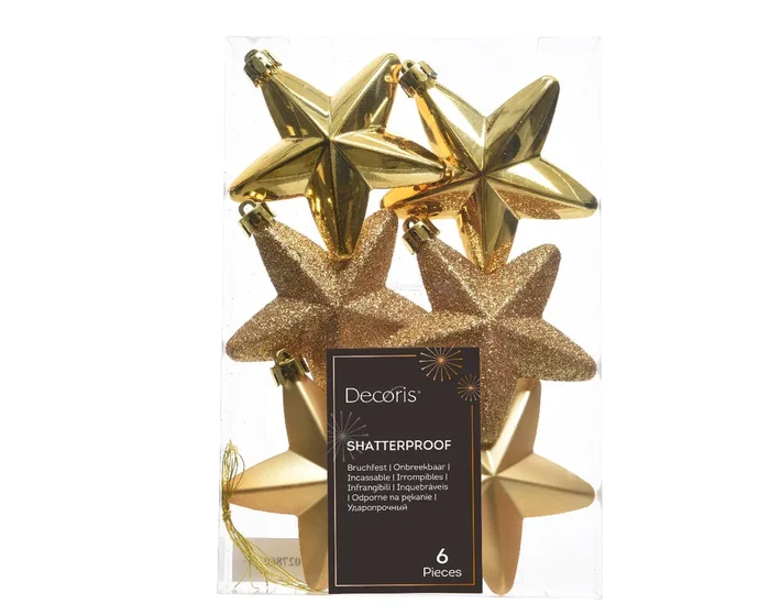 Matte & Shiny Light Gold Glitter Mix Shatterproof Star Baubles – Box of 6