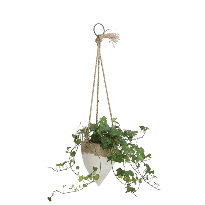 Medium White Stoneware Hanging Planter 6.25″ with Jute Rope