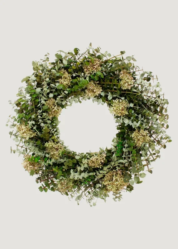 Mixed Green Preserved Eucalyptus and Hydrangea Wreath – 22″