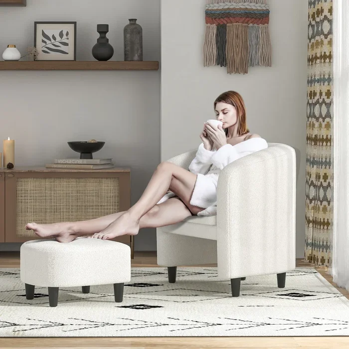 Modern Barrel Chair with Ottoman for Living Room Bedroom Office-Beige