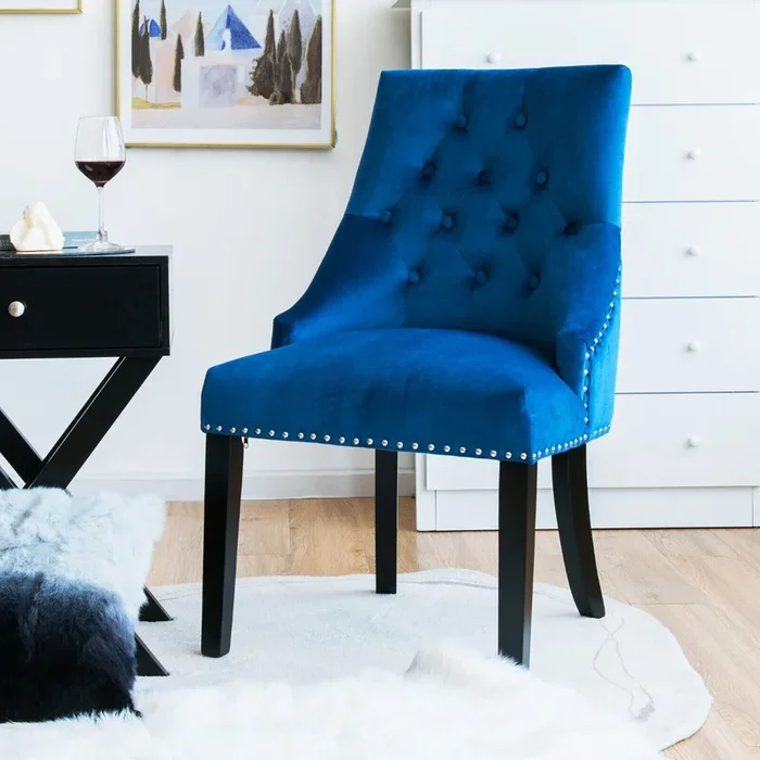 Modern Button-Tufted Velvet Studded Dining Chair with Nail head Trim-Blue