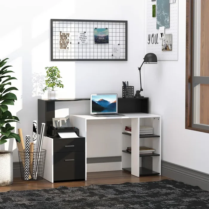 Modern Home Office Computer Desk with Printer Shelf – Writing Workstation with Storage Drawer and Shelves – Ideal for Study Room and Small Spaces, Black and White Design