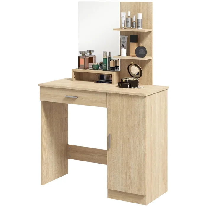 Modern Makeup Vanity Desk – Simple Design with Ample Storage in Maple Wood Finish – Ideal for Bedroom Organization