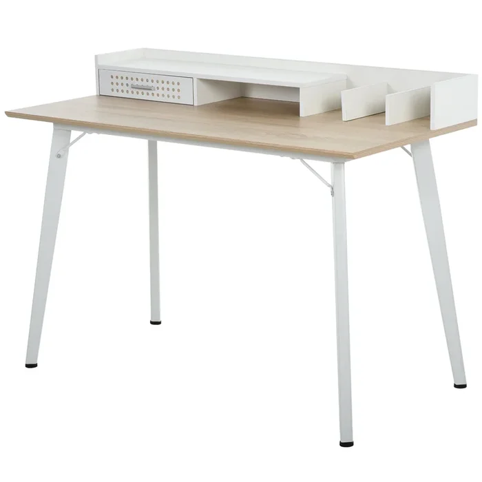 Modern Oak and White Computer Desk with Hutch – Laptop Writing Table with Storage Drawer for Workstation – Ideal Home Office Furniture for Organization