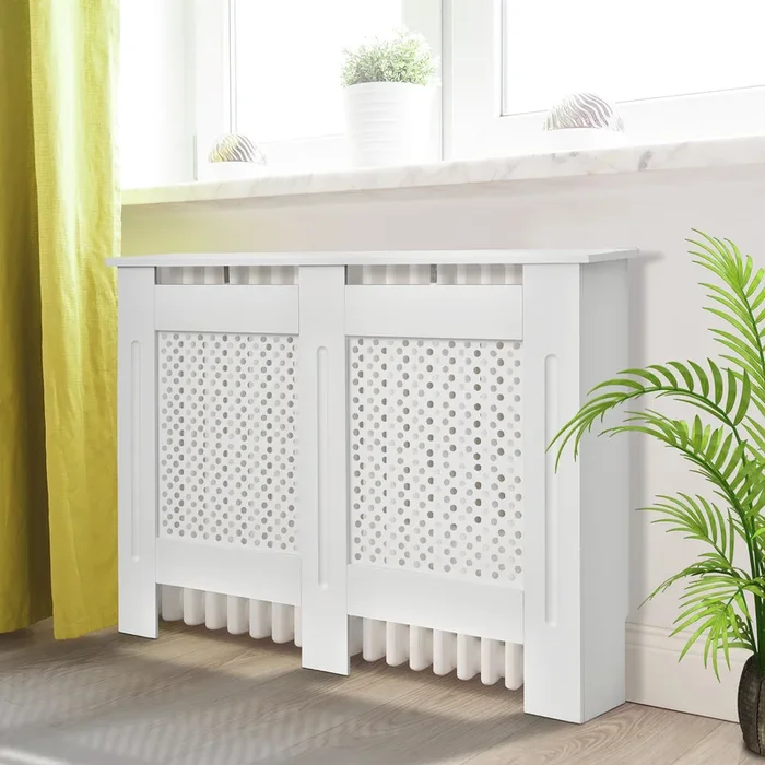 Modern White Painted Wooden Radiator Cover – Grill Style Heating Cabinet for Home Furniture – Medium Size, Enhances Aesthetics & Safety