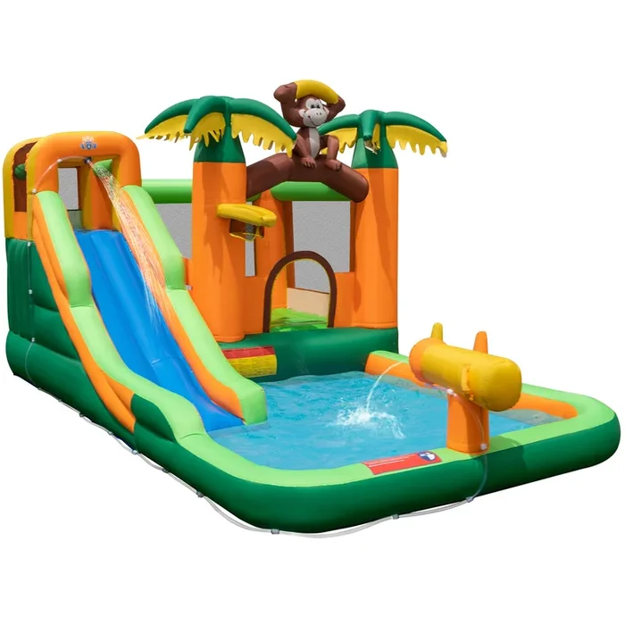 Monkey Theme 6-in-1 Inflatable Park – Water Slide, Splash Pool Features – Perfect Summer Entertainment for Kids Without Blower