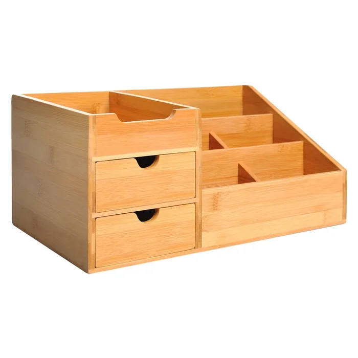 Multi-Function Wooden Organizer Caddy – Home Office Stationery Storage with 7 Compartments & 2 Drawers – Tidy Desk Solution for Supplies & Accessories
