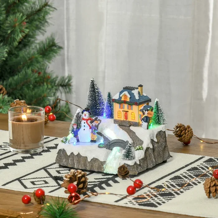 Musical Animated Christmas Village – LED Lit Holiday Decor with Fiber Optic and Rotating Skating Pond – Festive Ornament for Seasonal Display