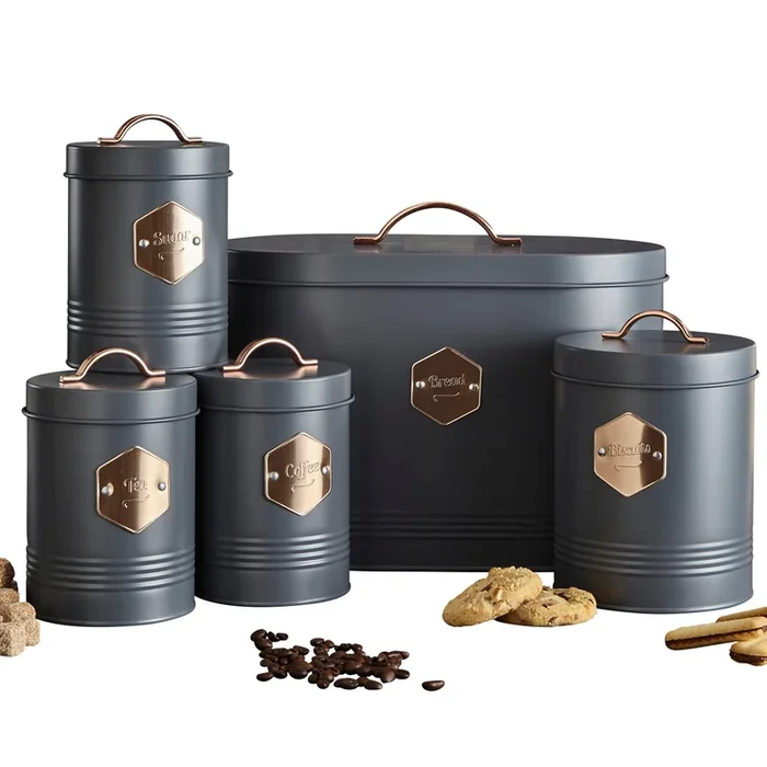 Neo Retro Inspired Sleek Matt & Copper 5 Piece Kitchen Canister Set Grey