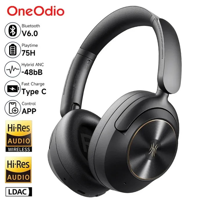 Oneodio A6 ANC – Wireless Bluetooth 6.0 Headphones, 48dB Hybrid Active Noise Cancelling, Over Ear, Hi-Res Audio, LDAC, Built-in Mic, APP Control – Perfect for Commuting, Work, Travel, and Immersive Music Lovers