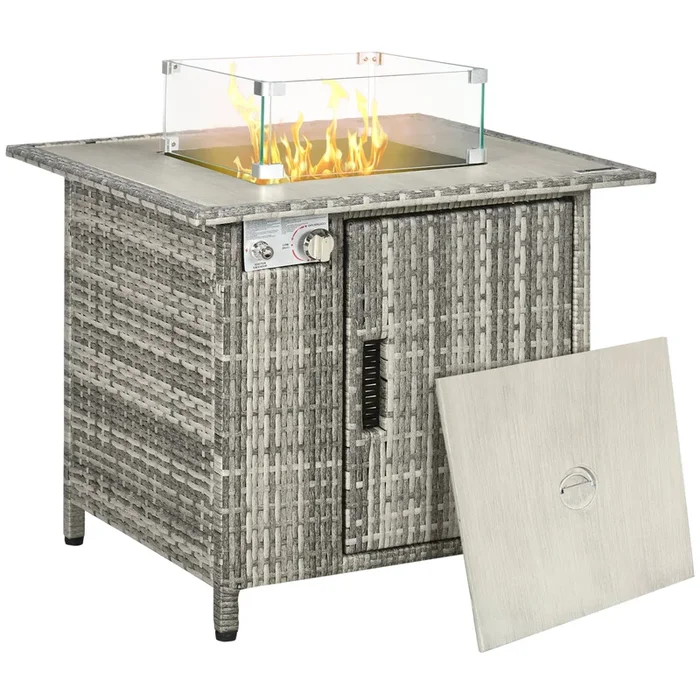 Outdoor Gas Fire Pit Table with PE Rattan Design – 50,000 BTU Propane Heater, Patio Square with Rain Cover, Glass Windscreen & Lava Stone, Grey – Ideal for Cozy Evenings & Entertaining Guests