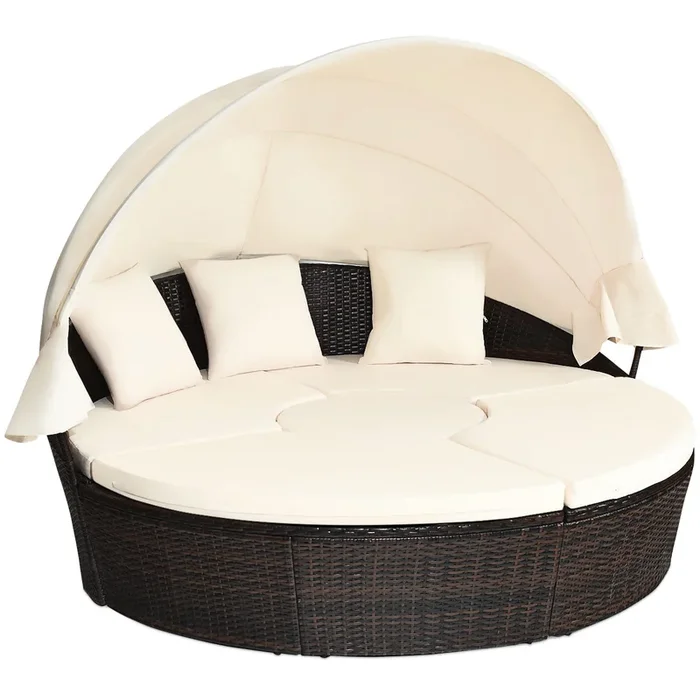 Outdoor Round Daybed with Waterproof Removable Cushions and Height Adjustable Coffee Table-White