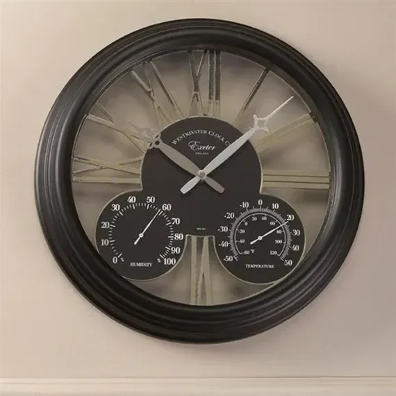 Outside In Exeter Wall Clock & Thermometer 15 Inch – Black (5061001)