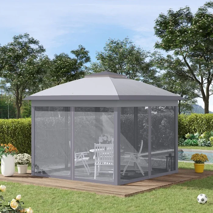 Outsunny 11′ x 11′ Pop Up Canopy, Double Roof Foldable Canopy Tent with Zippered Mesh Sidewalls, Height Adjustable and Carrying Bag, Event Tent Beige Grey