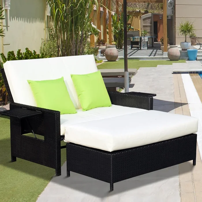 Outsunny 2 Seater Assembled Garden Patio Outdoor Rattan Furniture Sofa Sun Lounger Daybed with Fire Retardant Sponge – Black