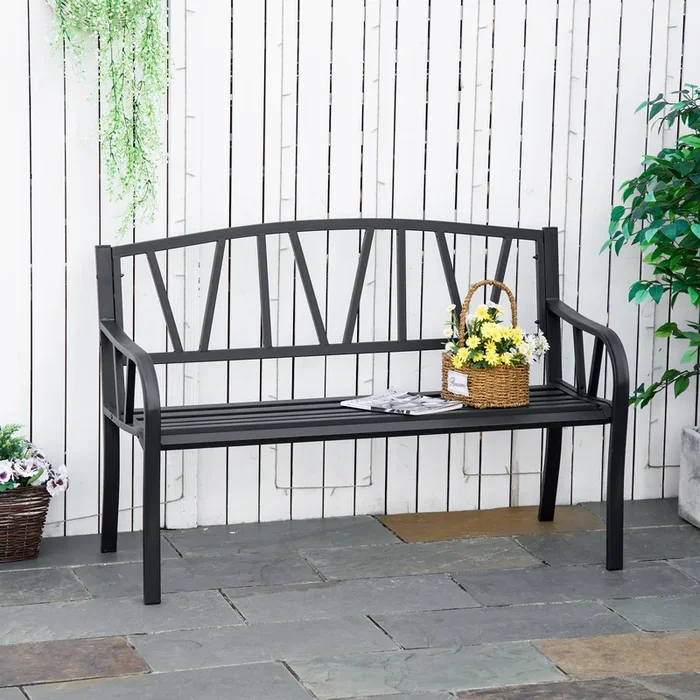 Outsunny 2-Seater Garden Bench Solid Metal Loveseat Outdoor Furniture for Patio Family Chair with Decorative Backrest Ergonomic Armrest