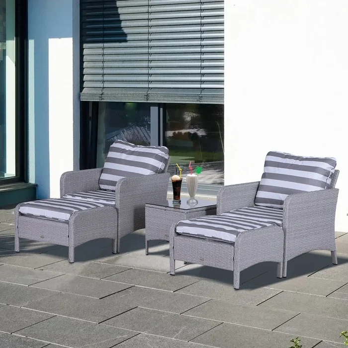 Outsunny 2 Seater PE Rattan Garden Furniture Set, 2 Armchairs 2 Stools Glass Top Table Cushions Wicker Weave Chairs Outdoor Seating – Grey