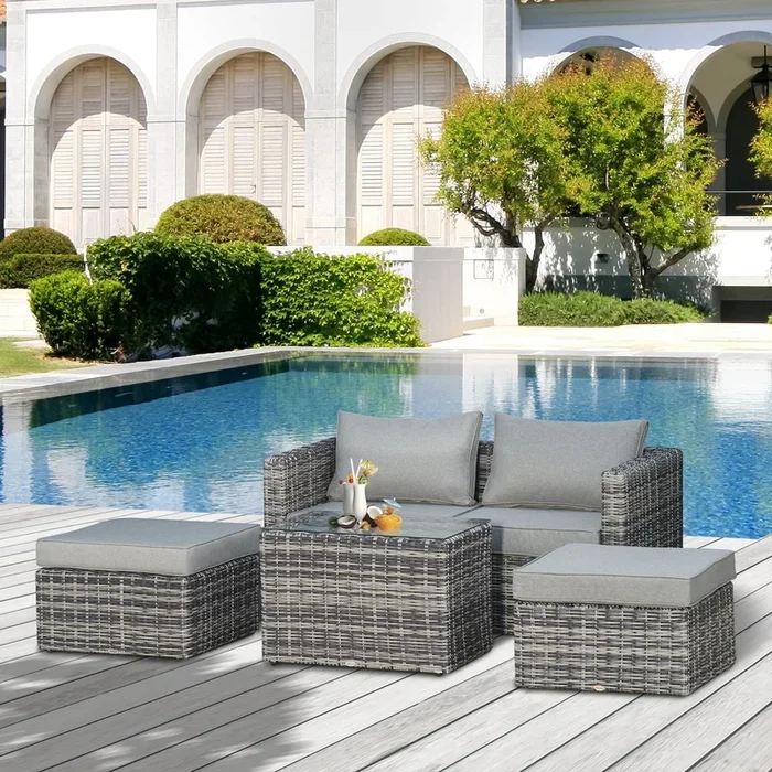 Outsunny 2 Seater Rattan Garden Furniture Set with Tall Glass-Top Table Aluminium Frame Balcony Sofa, Mixed Grey