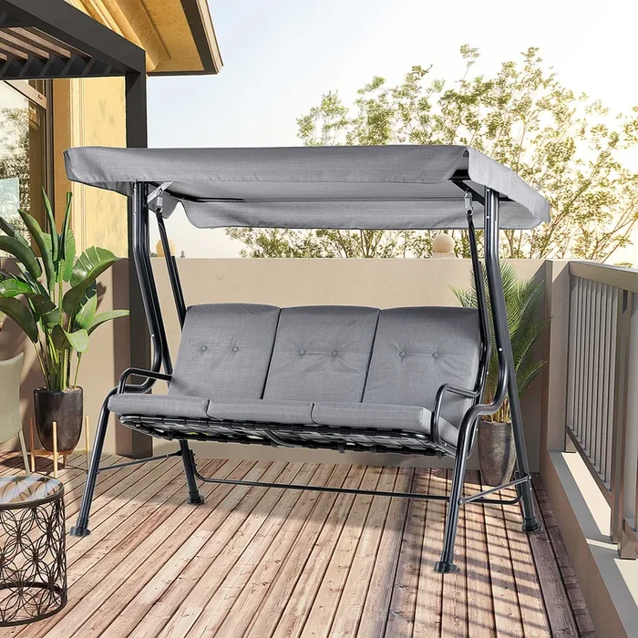 Outsunny 3 Seater Outdoor Garden Swing Chairs Thick Padded Seat Hammock Canopy Porch Patio Bench Bed – Grey