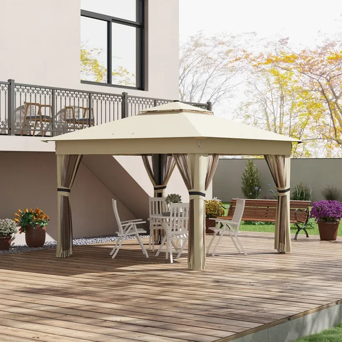 Outsunny 3 x 3(m) Pop Up Gazebo Party Tent with Solar-Powered LED Lights, Adjustable Event Shelter with Curtain, Netting, Khaki